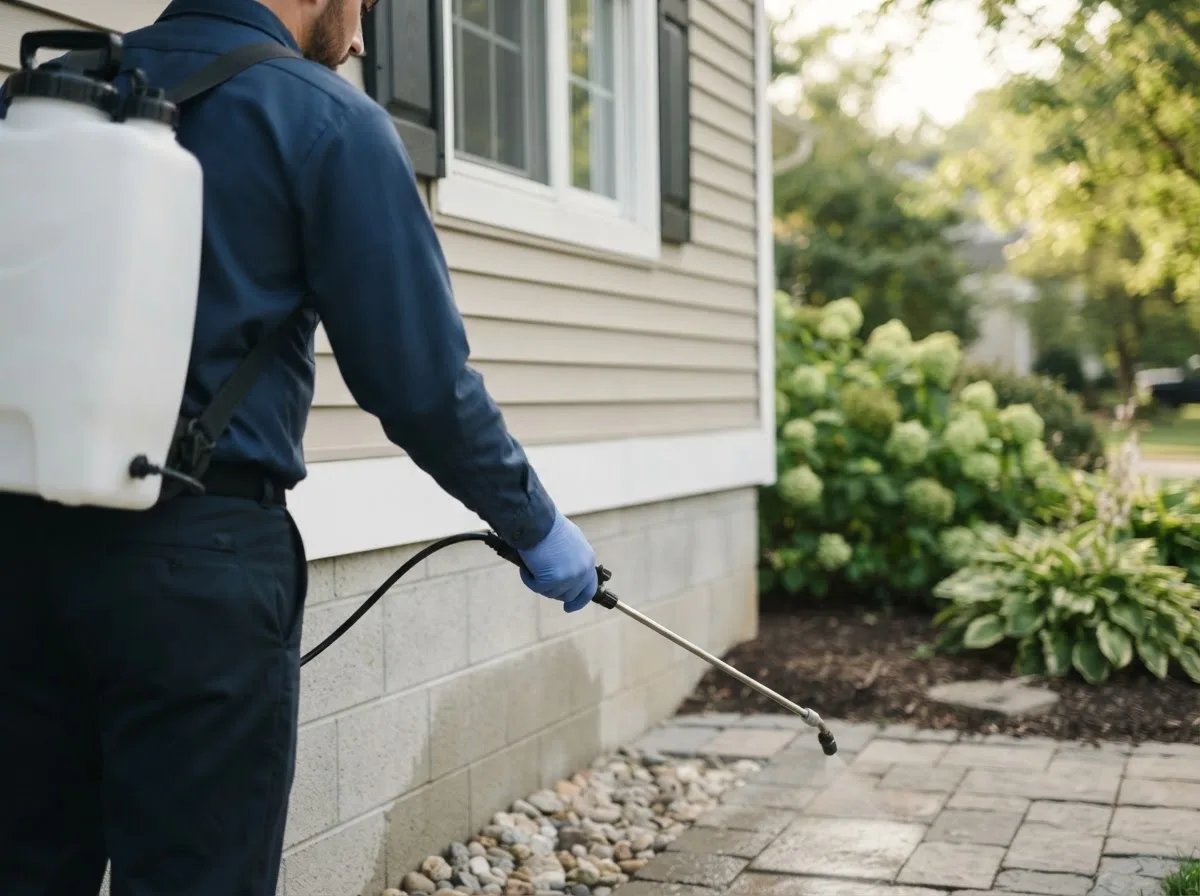 Pest control technician inspecting a home in Culbertson, NE